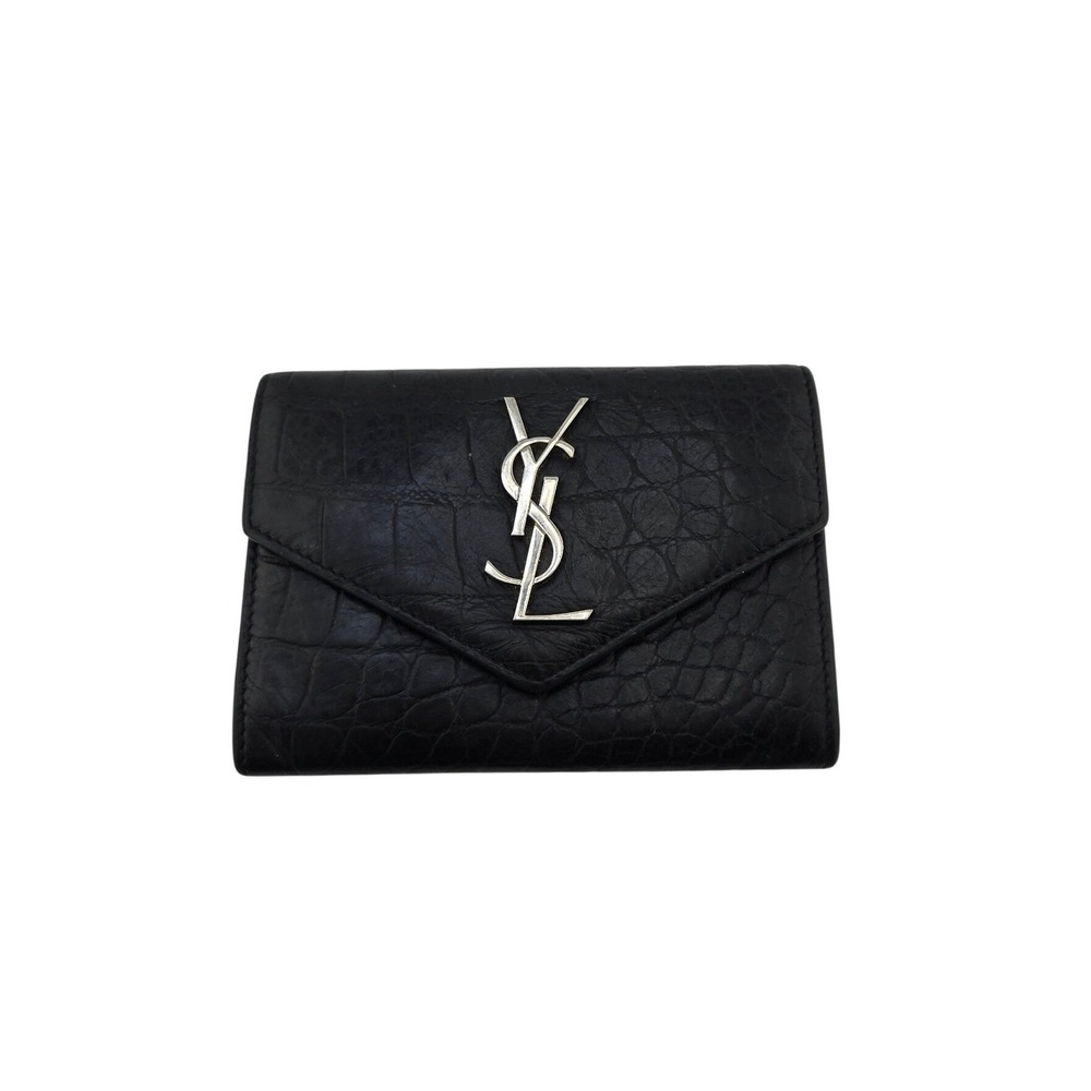 Saint Laurent Monogram Flap Wallet Black Croc Embossed Leather YSL